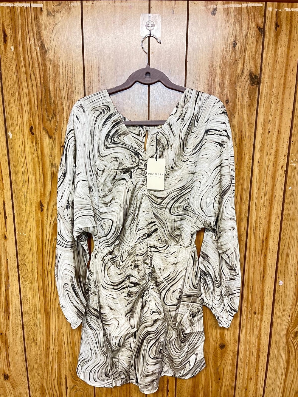 Marble Print Long Sleeve Dress in Black and White